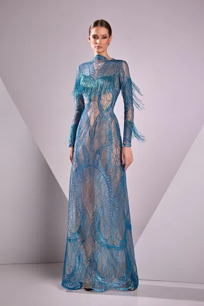 Edward Arsouni Lace Gown With Charleston Fringe In Blue