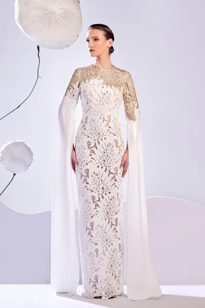 Edward Arsouni Long Draped Sleeve Gown In White