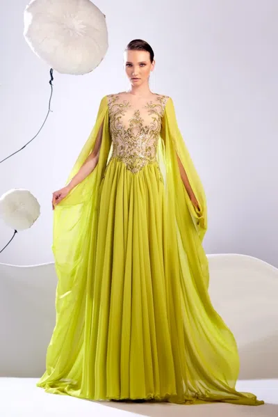 Edward Arsouni Long Draped Sleeves Gown In Multi