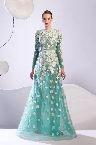 Edward Arsouni Long Sleeve Petal Gown In Multi