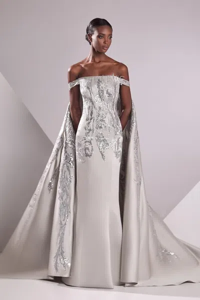 Edward Arsouni Satin And Lace Embroidery Gown In Gray