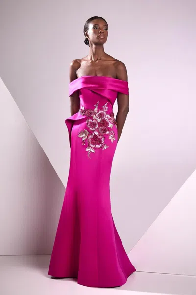 Edward Arsouni Satin Duchesse And Lace Off Shoulder Gown In Pink