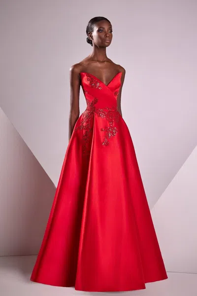 Edward Arsouni Satin Duchesse Gown With Guipure Embroidery In Red