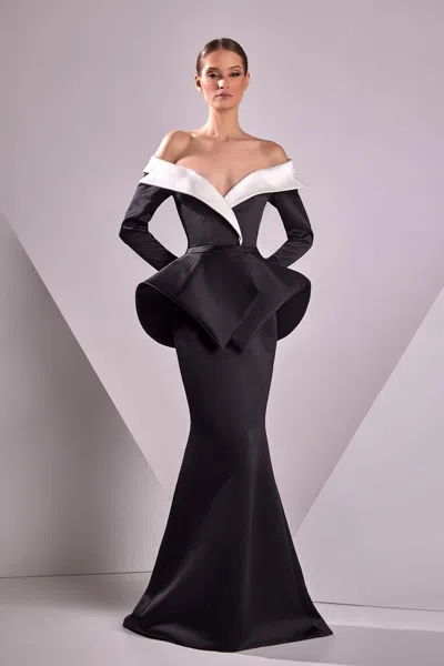 Edward Arsouni Satin Duchesse Off Shoulder Gown In Black