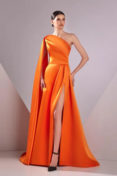 Edward Arsouni Satin Duchesse One Shoulder Gown In Orange