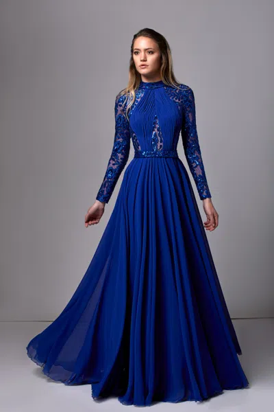 Edward Arsouni Sequin-sleeve Mouslin Gown In Blue