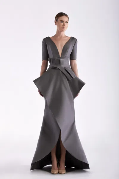 Edward Arsouni Short Sleeve-faille Gown In Gray