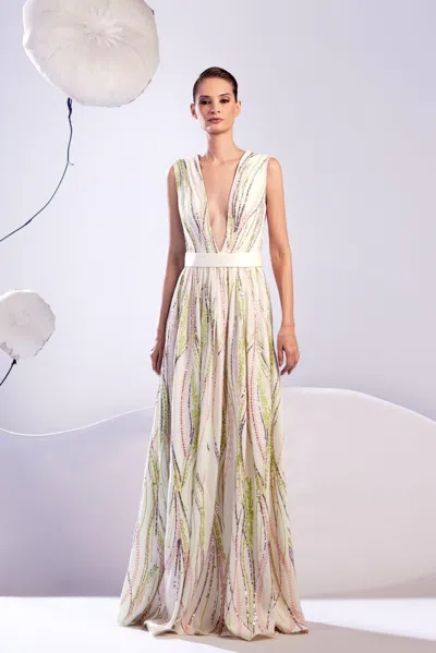 Edward Arsouni Sleeveless Deep-v Gown In Multi