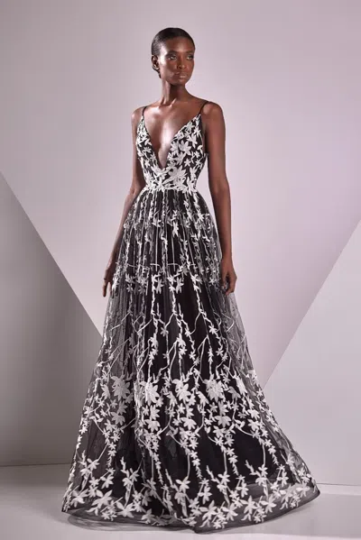 Edward Arsouni Tulle Embroidered A-line Sleeveless Gown In Multi