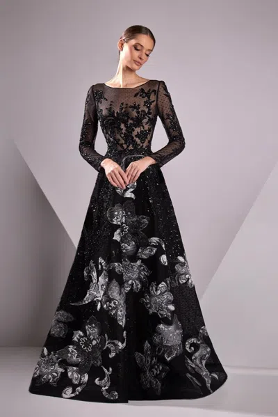 Edward Arsouni Tulle Embroidered Long Sleeve A-line Gown In Black