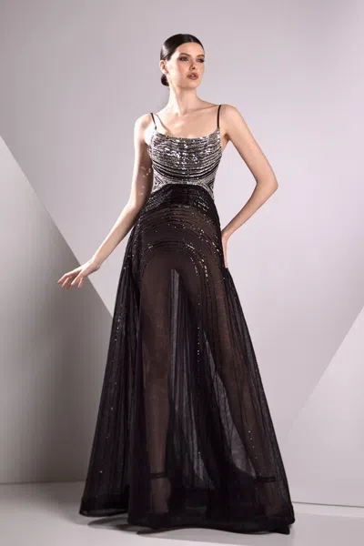 Edward Arsouni Tulle Embroidered Sleeveless A-line Gown In Black