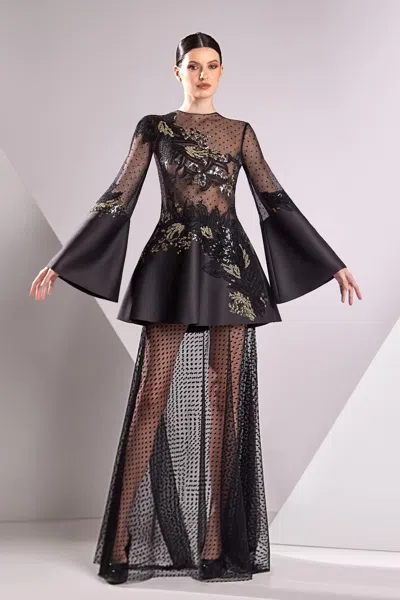 Edward Arsouni Tulle, Mikado And Lace Gown In Black