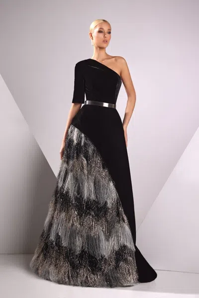 Edward Arsouni Velvet And Feather One Shoulder Gown In Black