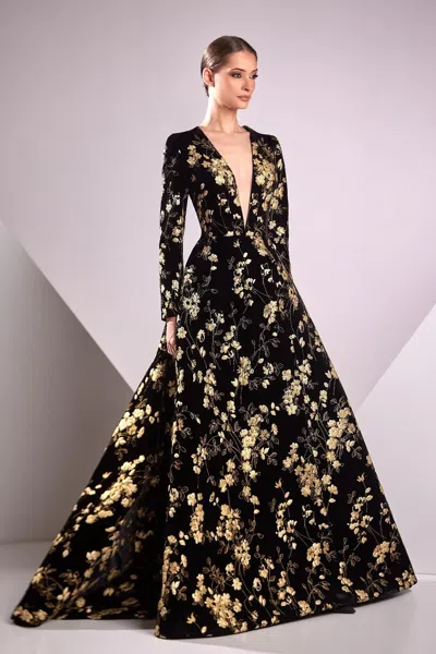 Edward Arsouni Velvet Devoré A-line Gown In Multi