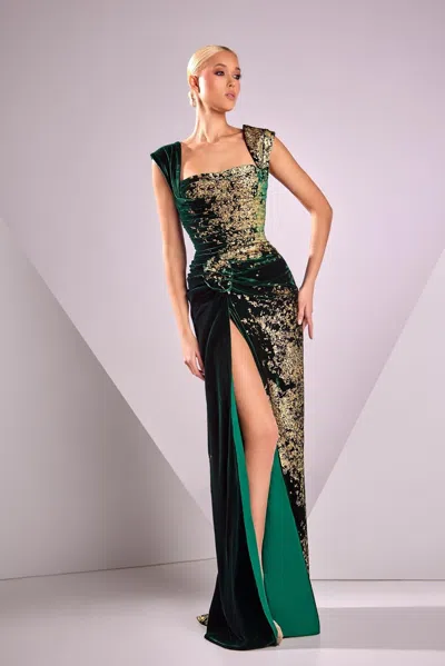 Edward Arsouni Velvet Devoré Cap Sleeve Gown In Green