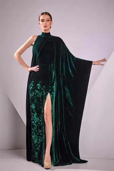 Edward Arsouni Velvet Devoré Cape Sleeve Gown In Green