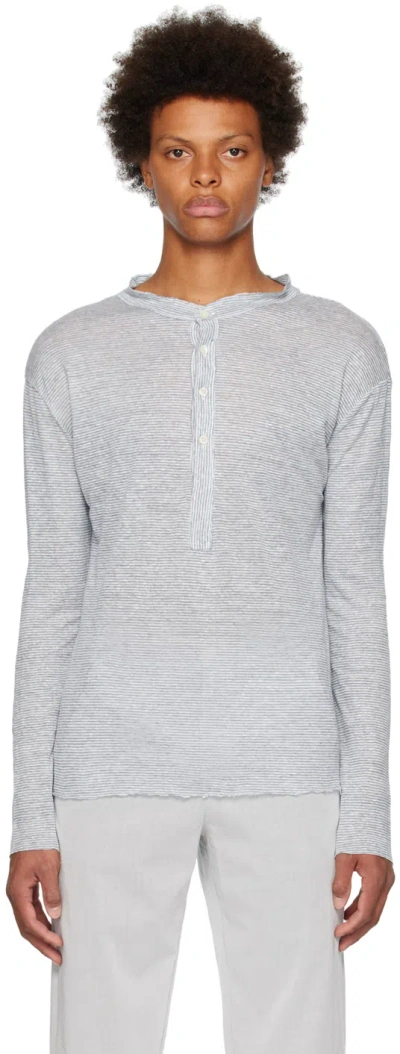 Edward Cuming Blue & White Striped Henley In Beige