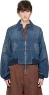 Edward Cuming Blue Bottom Heavy Denim Bomber Jacket In Blue