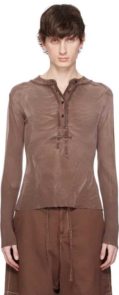 Edward Cuming Brown Light Cotton Jersey Tyre Tracks Henley In Washed Brown