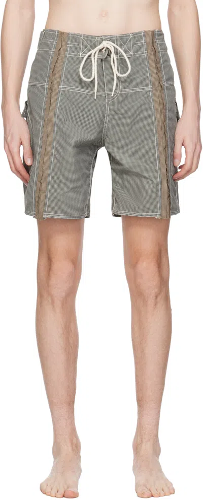 Edward Cuming Gray & Beige Micro-check Cum Swim Shorts In Grey/beige