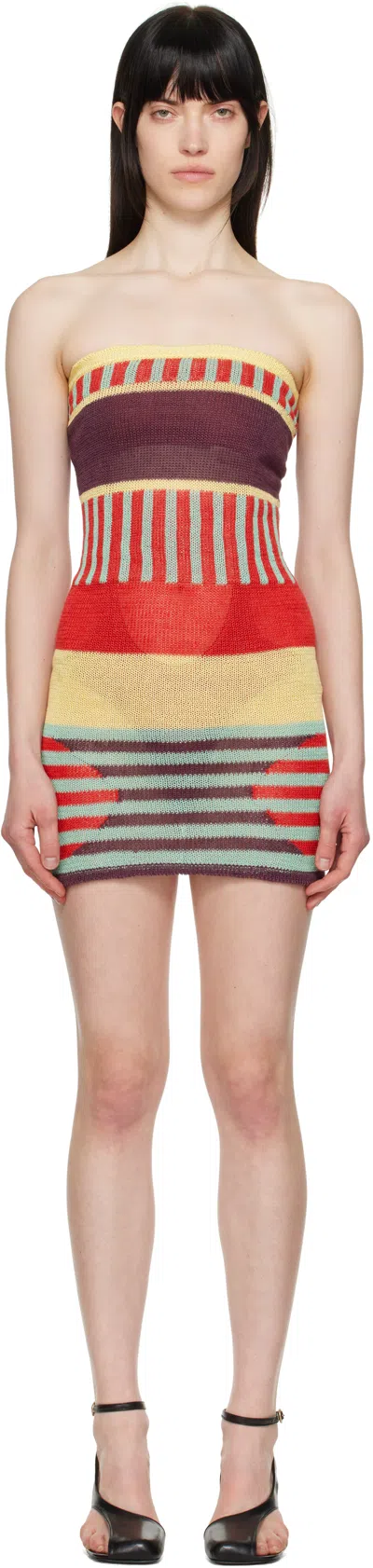 Edward Cuming Multicolor Linen Focus Knit Minidress In Yellow-red-burgandy-