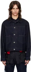 Edward Cuming Navy Knife Pleat Denim Jacket In Indigo Blue Wash