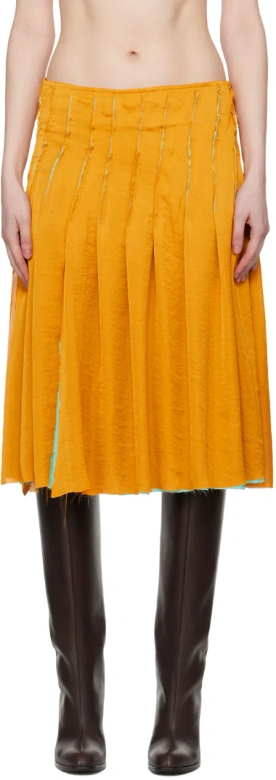 Edward Cuming Orange & Green Pleat Around Midi Skirt In Curry/ Aqua Green