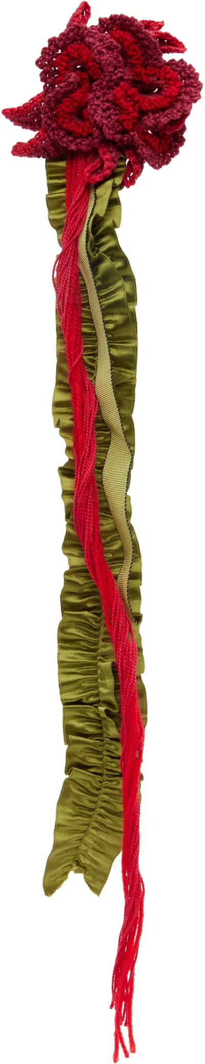 Edward Cuming Red & Khaki Crochet Crying Flower Rosette Brooch In Green