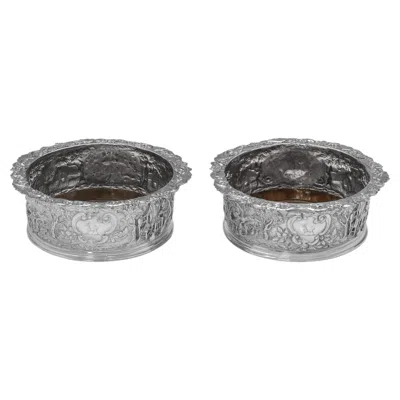 Pre-owned Edward Farrell Pair George Iv Teniers Style Sterling Silver Wine Coasters, , 1821
