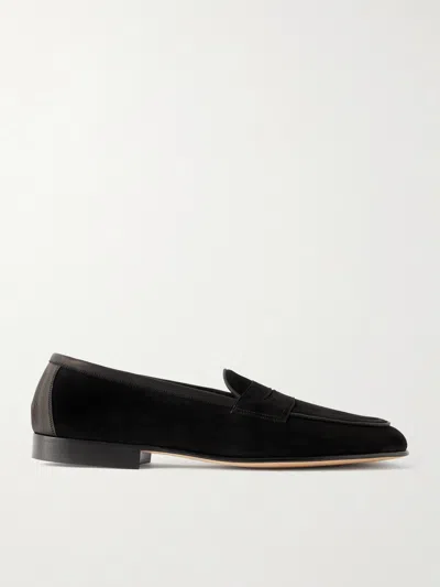 Edward Green Polperro Leather-trimmed Suede Penny Loafers In Black