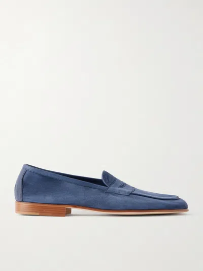 Edward Green Polperro Leather-trimmed Suede Penny Loafers In Blue