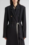 Eenk Belted Double Breasted Virgin Wool Long Coat In Black