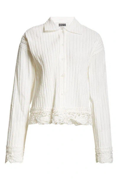 Eenk Lace Trim Pleated Button-up Shirt In White Cotton Nylon Blend