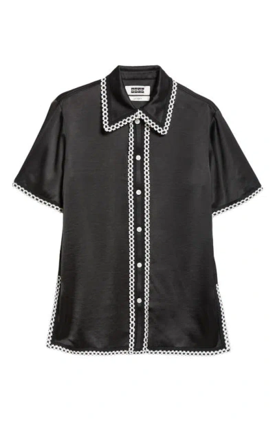 Eenk Lace Trim Short Sleeve Button-up Shirt In Black