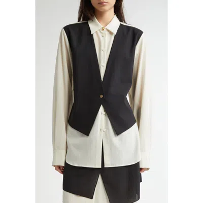 Eenk Layered Waistcoat Detail Wool Blend Button-up Shirt In Ivory/black
