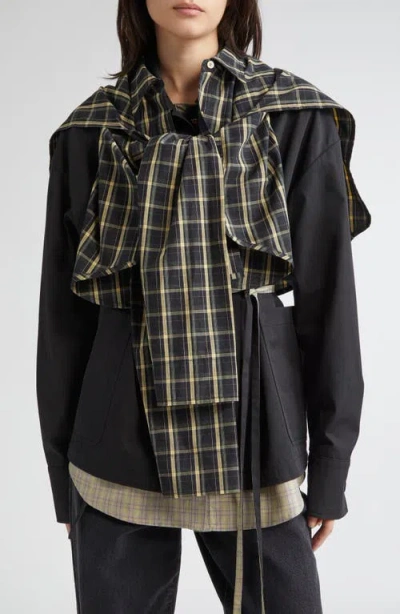 Eenk Muffler Asymmetric Plaid Crop Cotton & Linen Button-up Shirt In Multi