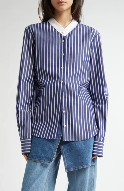 Eenk Non-collar Stripe Cotton Button-up Shirt In Navy