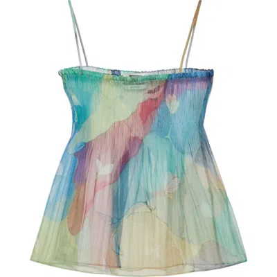 Eenk Print Plissé Silk Organza Peplum Top In Navy Multi