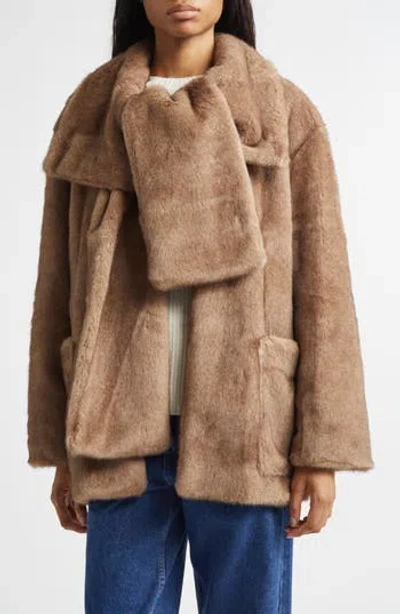 Eenk Shawl Collar Faux Fur Jacket With Scarf Detail In Brown