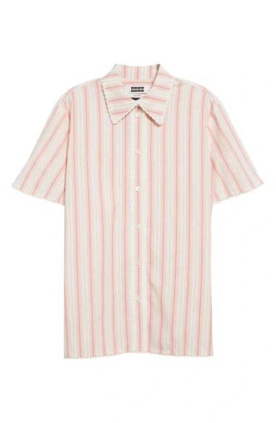 Eenk Stripe Lace Trim Button-up Shirt In Pink Stripe