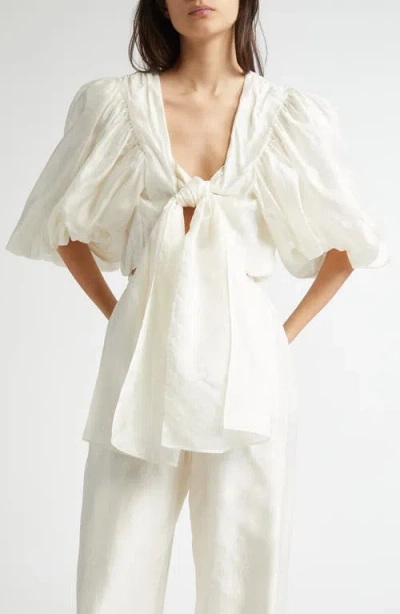 Eenk Tie Front Puff Sleeve Silk Bolero Top In Ivory