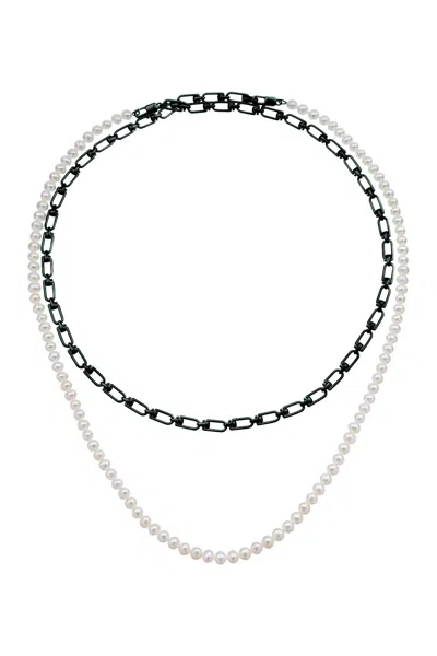 Eéra Reine Double Necklace With Pearls In Silver Black (white)
