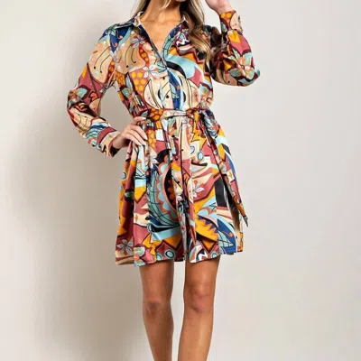 Eesome Abstract Print Tie Waist Wrap Mini Dress In Red Bean In Multi