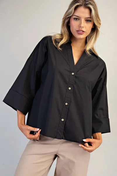 Eesome Back Pleat Button Down Blouse Top In Black