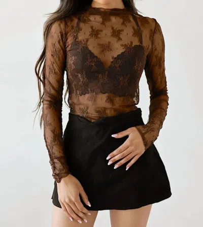 Eesome Blair Sheer Floral Lace Mock Neck Layering Top In Mocha In Black