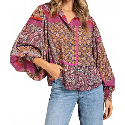Eesome Boho Puff Sleeve Top In Pink Multi