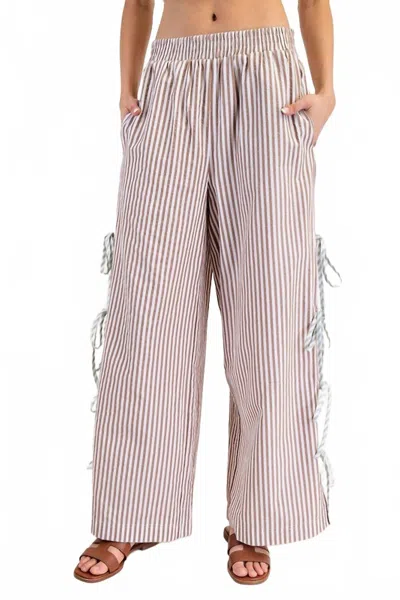 Eesome Camila Striped Ribbon Side Tie Pants In Coco In Brown