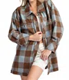 Eesome Checkered Print Button Down Shacket In Iced Coffee In Multi