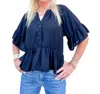 Eesome Coastal Muse Ruffle Short Sleeve Button Down Top In Black In Blue