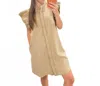 Eesome Coco Snow Washed Button Down Mini Dress In Beige In Neutral